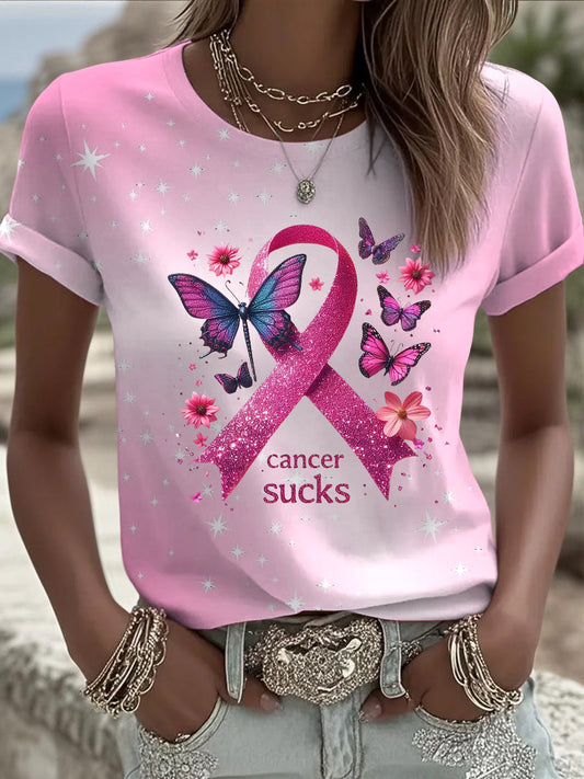 Damska wstążka z rakiem piersi Butterfly Cekin Print Casual T-Shirt