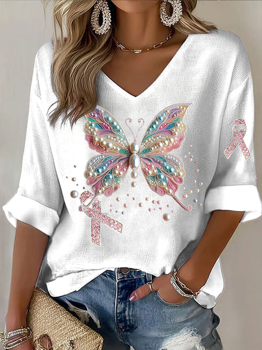 Damska różowa wstążka motyla Rhinestone Print Casual Koszulka z długim rękawem