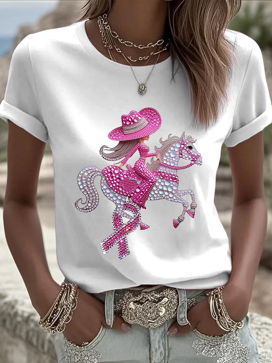 Damska różowa wstążka z rakiem piersi Rhinestone z nadrukiem Casual T-Shirt