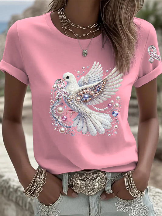 Damska wstążka gołębia Rhinestone Print Casual T-Shirt