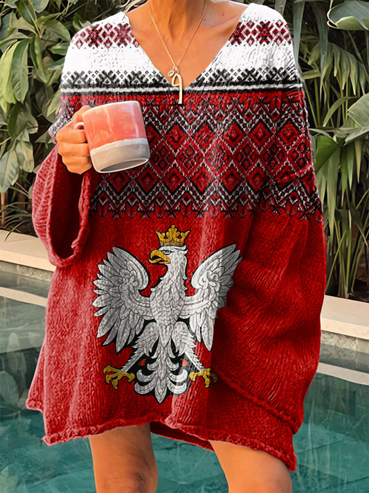 Damski sweter z dekoltem w serek i nadrukiem w stylu vintage