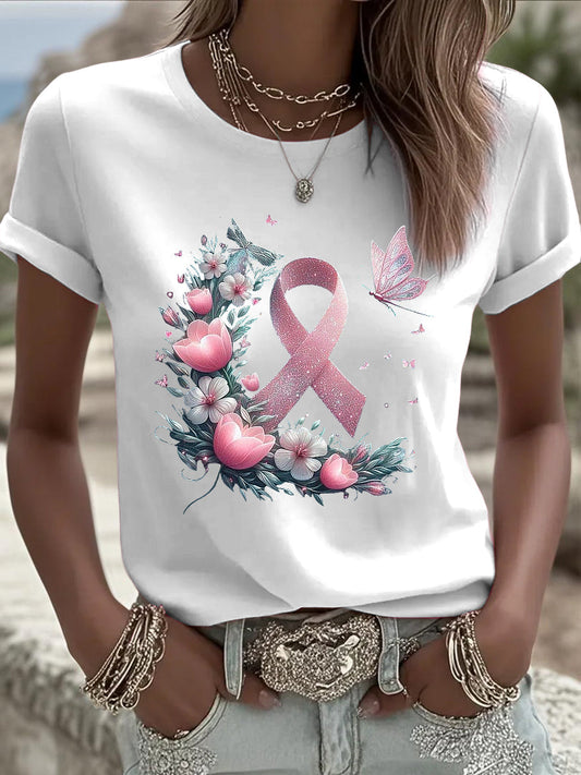 Damska wstążka z rakiem piersi motyl z kwiatowym nadrukiem Casual T-Shirt