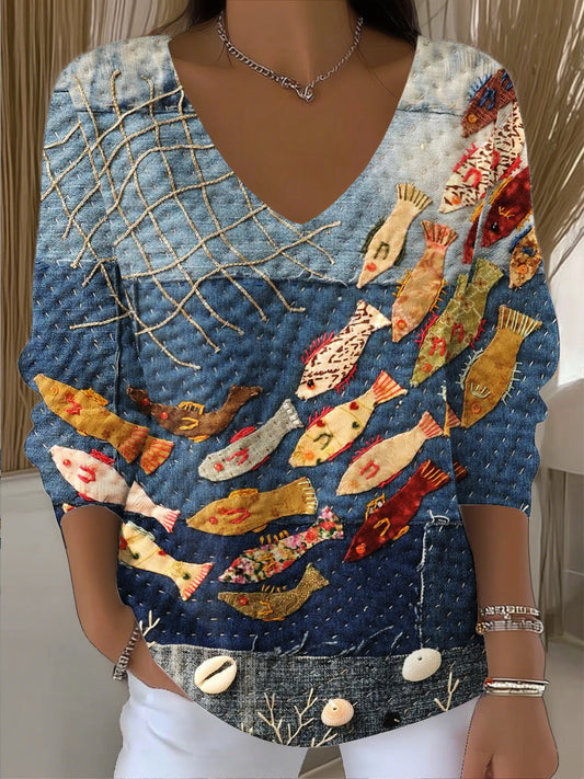 Damski Vintage Fish Patchwork Art V Neck Top