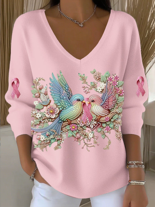 Damski romantyczny top z kolcowem Rhinestone Art V-Neck