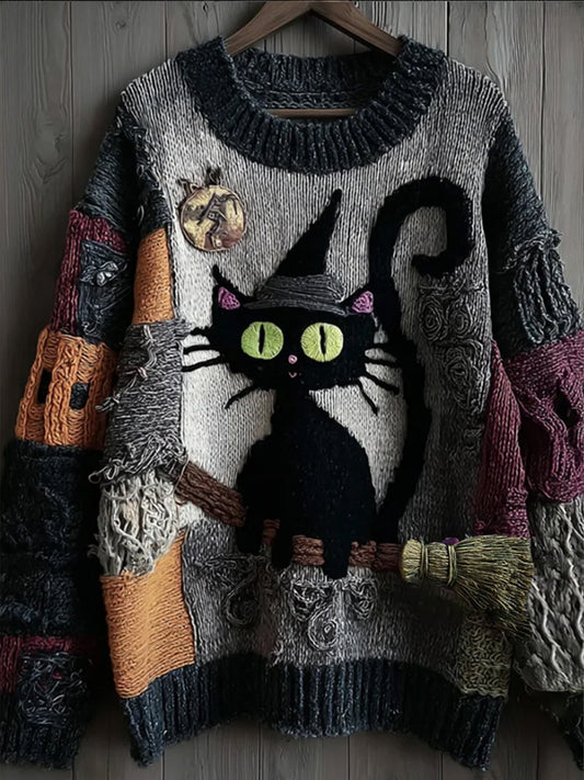 Damski sweter w stylu retro czarny kot z nadrukiem