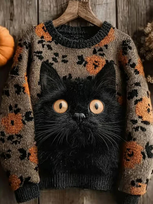 Damski sweter w stylu retro czarny kot z nadrukiem