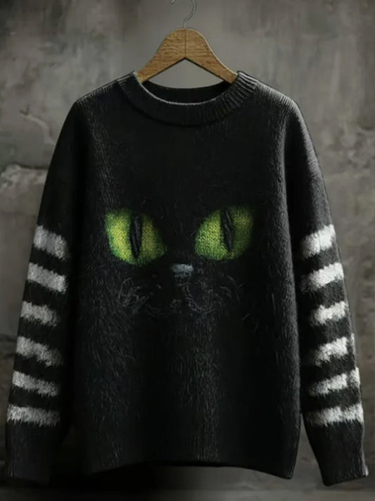 Damski sweter w stylu retro czarny kot z nadrukiem