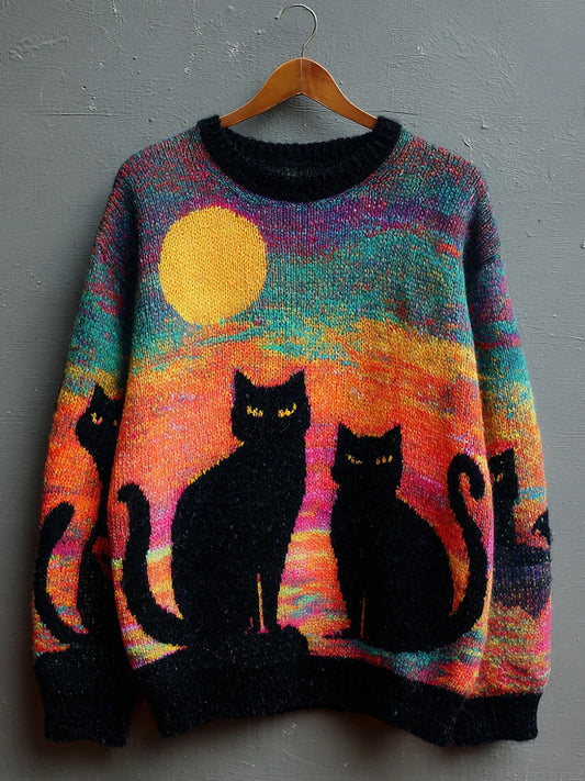 Damski sweter w stylu retro czarny kot z nadrukiem
