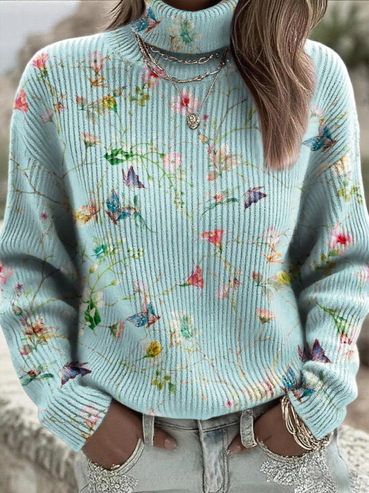 Damski sweter z wysokim dekoltem w kwiaty w stylu motylkowym