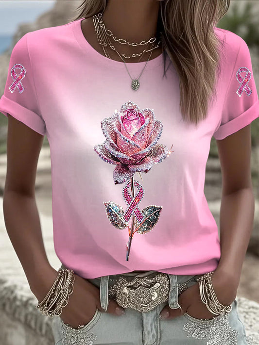 Damska różowa wstążka Rhinestone Casual T-Shirt