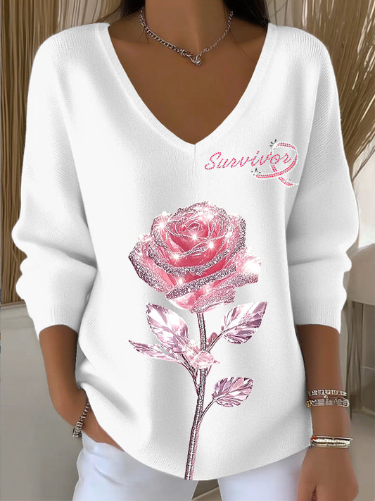 Damska różowa różowa róża Rhinestone Art V-Neck Top