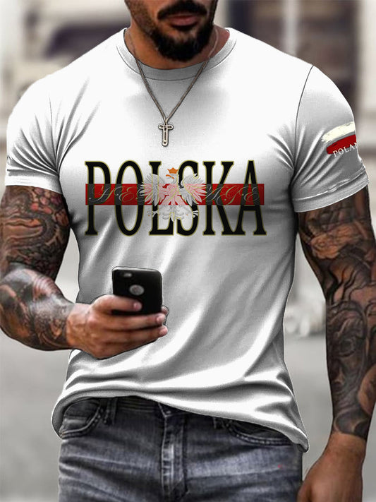 Biały T-shirt codzienny męski list z flagą polską