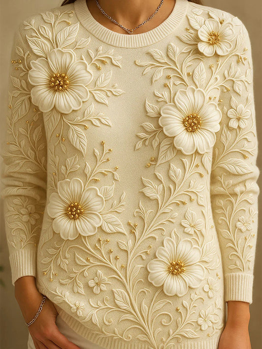 Komfortowy sweter na co dzień dla kobiet w stylu vintage z kwiatowym nadrukiem