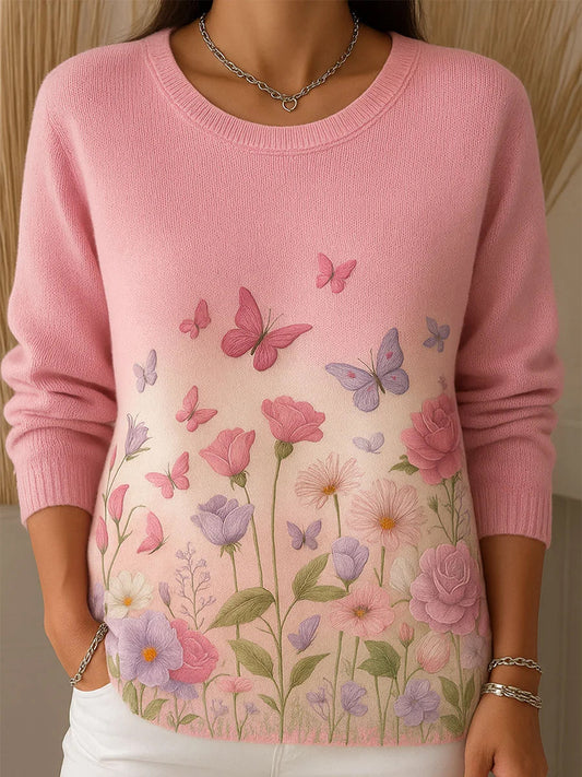 Komfortowy sweter na co dzień dla kobiet w stylu retro różowy z nadrukiem