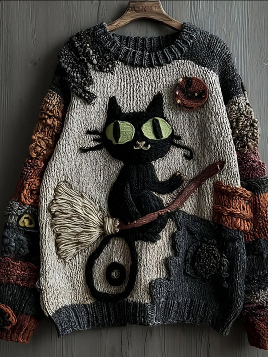 Damski sweter w stylu vintage z nadrukiem zwierzęcym Comfort