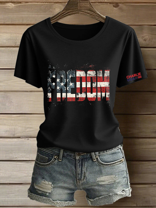 Damska koszulka z krótkim rękawem Charlie Kirk Freedom Printed Vintage Fashion Loose