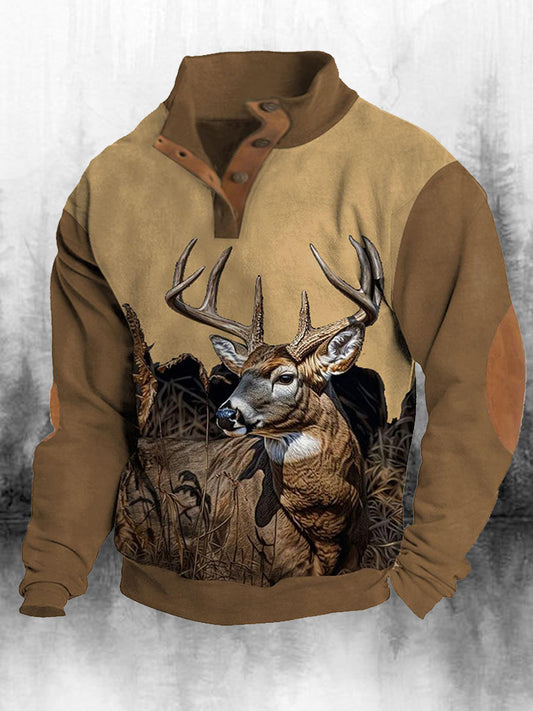 Męski golf retro z nadrukiem zachodnim Luźny 4 guziki Henley Neck z długim rękawem