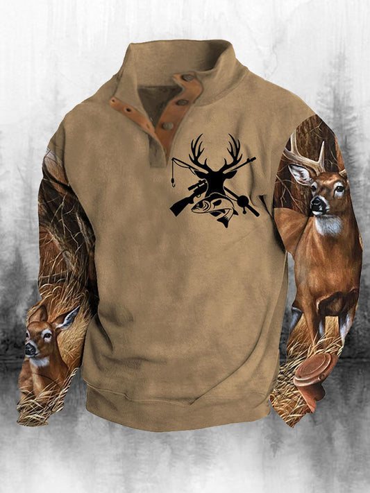 Męski golf retro z nadrukiem zachodnim Luźny 4 guziki Henley Neck z długim rękawem