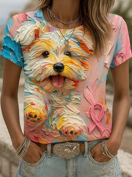 Damska wstążka z rakiem piersi bawełniana koszulka z nadrukiem zwierzęcym