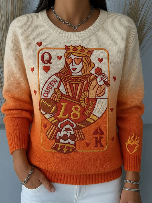 Damski wygodny sweter w stylu retro z nadrukiem królowej