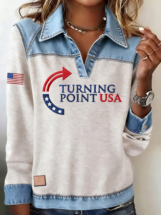 Damski top z długimi rękawami z nadrukiem z amerykańską flagą