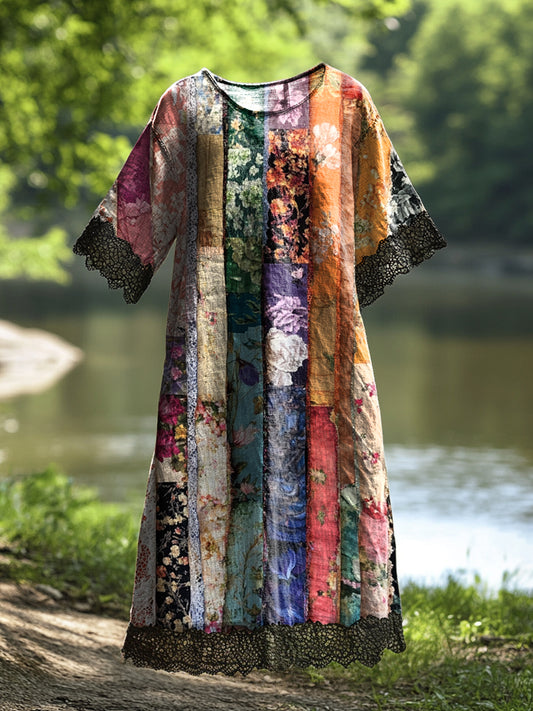 Damska koronkowa sukienka midi z nadrukiem w kwiaty w stylu vintage