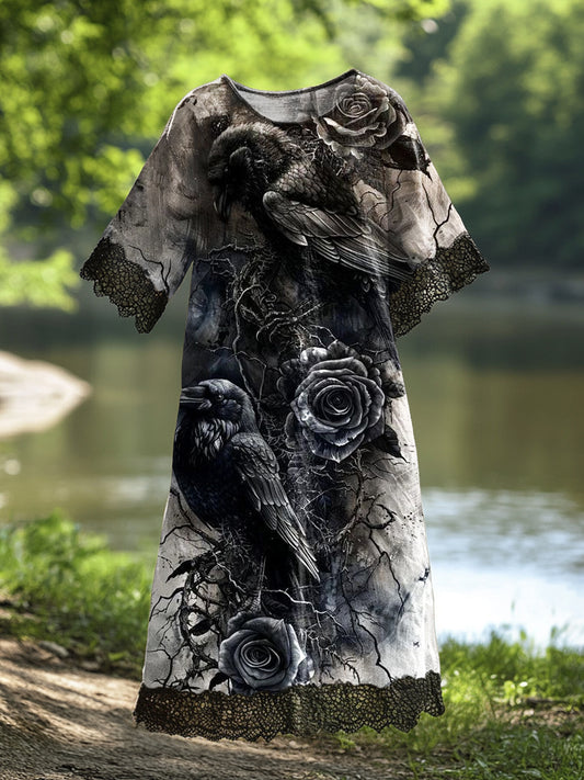 Damska sukienka midi w stylu vintage Crow Art z nadrukiem bawełnianym