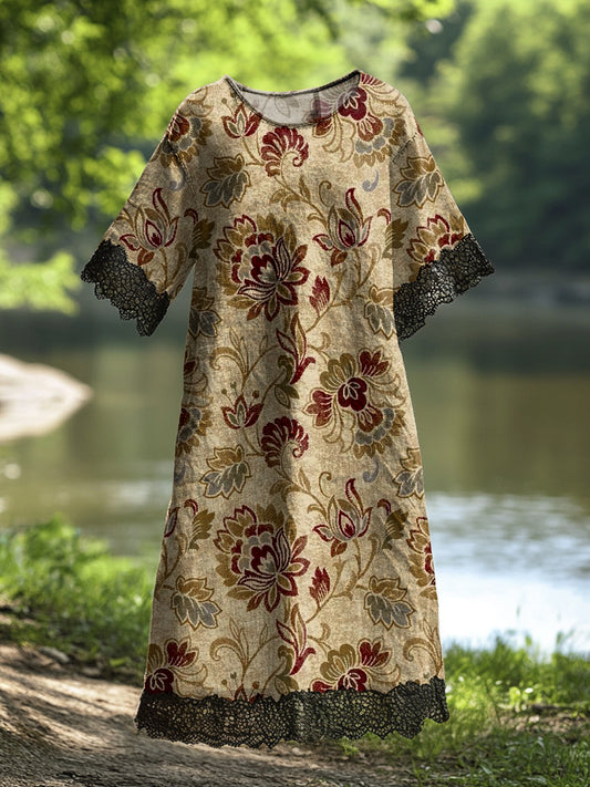 Damska koronkowa sukienka midi z nadrukiem w kwiaty w stylu vintage