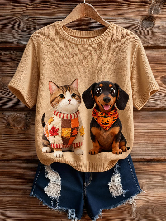 Damski artystyczny nadruk zwierzęcy wygodny top z dzianiny z krótkim rękawem