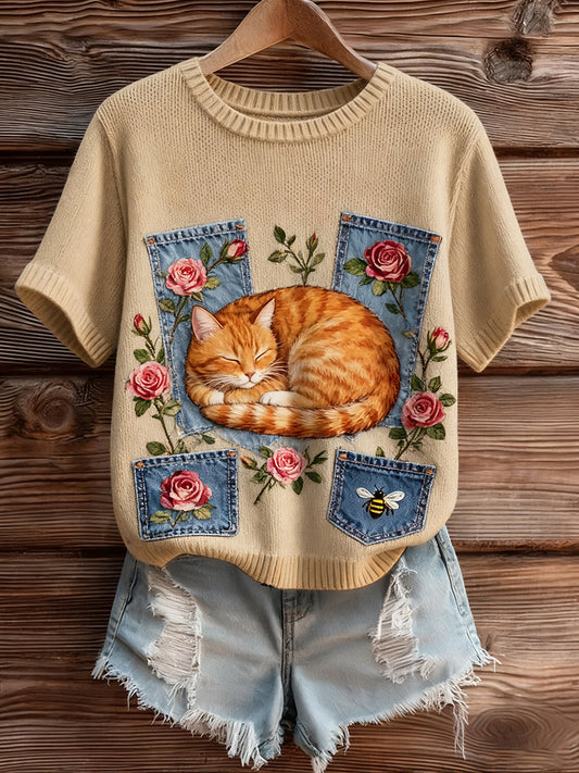 Damski artystyczny nadruk zwierzęcy wygodny top z dzianiny z krótkim rękawem