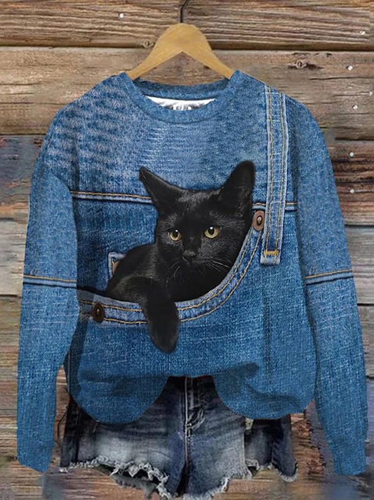 Damski sweter w stylu vintage z nadrukiem zwierzęcym Comfort