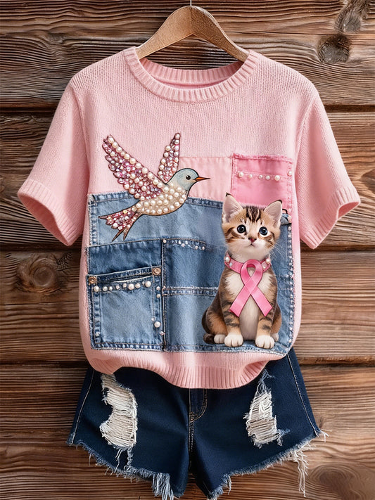 Damski artystyczny nadruk zwierzęcy wygodny top z dzianiny z krótkim rękawem