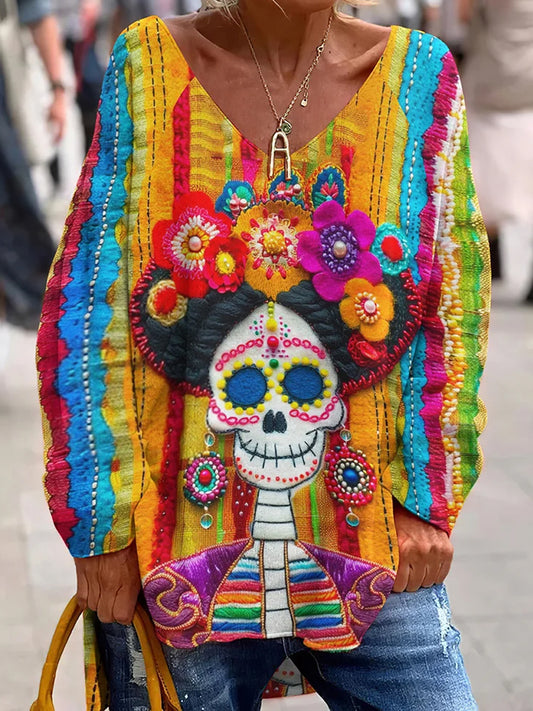 Vintage meksykański Dzień Zmarłych Art Print Casual Top z dekoltem w szpic