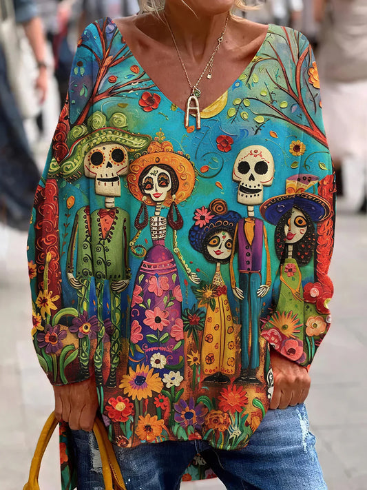 Vintage meksykański Dzień Zmarłych Art Print Casual Top z dekoltem w szpic