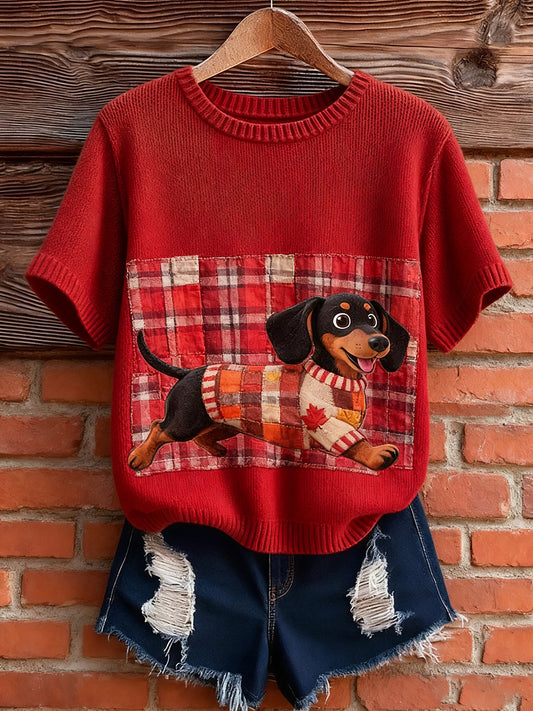 Damski artystyczny nadruk zwierzęcy wygodny top z dzianiny z krótkim rękawem