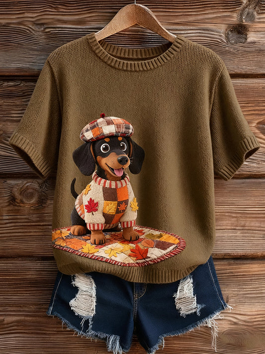 Damski artystyczny nadruk zwierzęcy wygodny top z dzianiny z krótkim rękawem