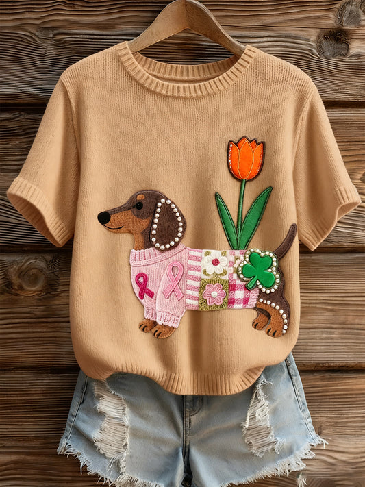 Damski artystyczny nadruk zwierzęcy wygodny top z dzianiny z krótkim rękawem