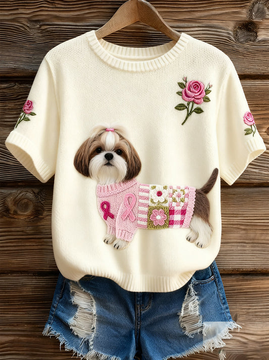 Damski artystyczny nadruk zwierzęcy wygodny top z dzianiny z krótkim rękawem