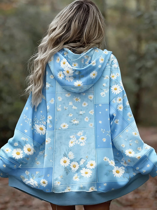 Damska wygodna bluza z kapturem w stylu vintage w kwiatowy wzór patchwork