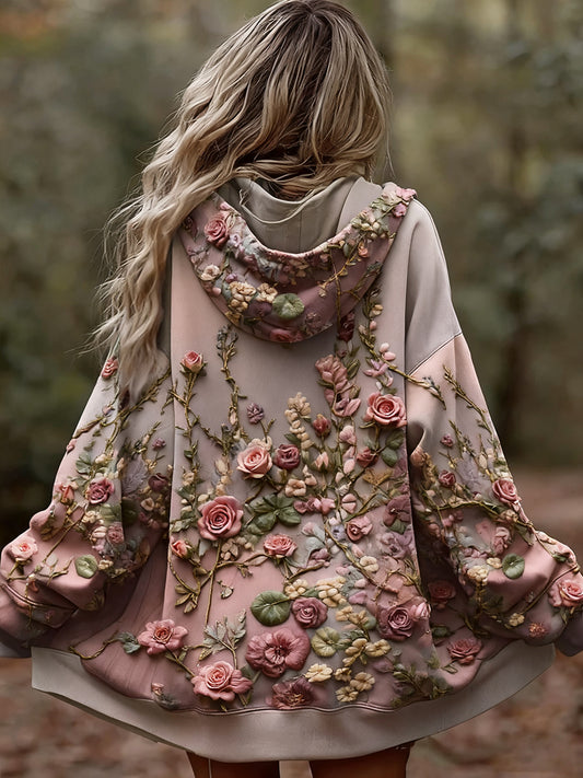 Damska wygodna bluza z kapturem w stylu vintage w kwiatowy wzór patchwork