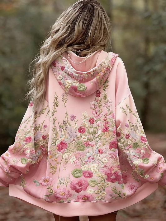 Damska wygodna bluza z kapturem w stylu vintage w kwiatowy wzór patchwork