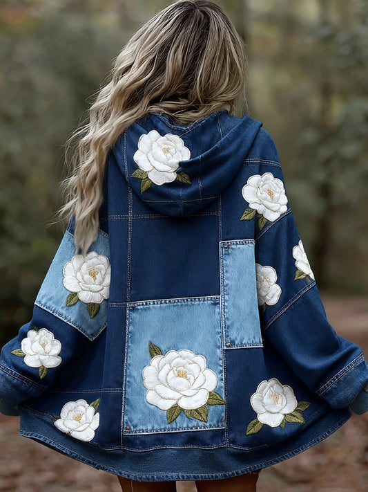 Damska wygodna bluza z kapturem w stylu vintage w kwiatowy wzór patchwork