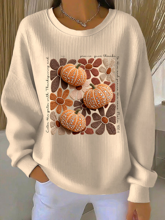 Damskie Święto Dziękczynienia Pumpkin Floral Art Casual Crewneck Pullover
