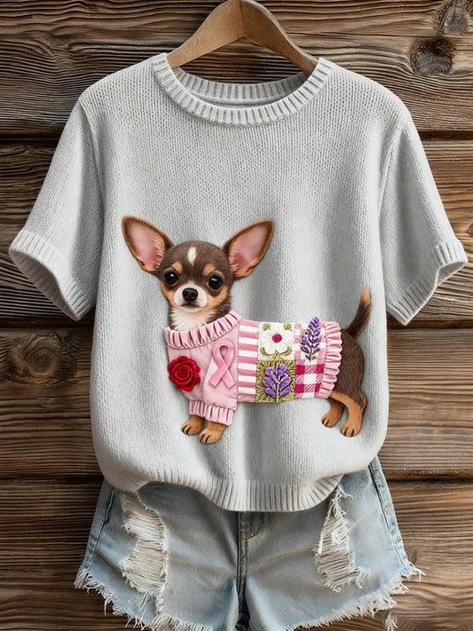 Damski artystyczny nadruk zwierzęcy wygodny top z dzianiny z krótkim rękawem