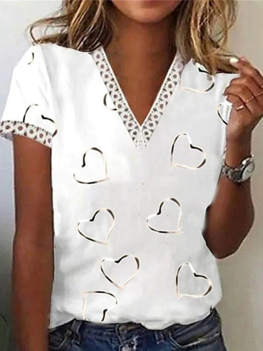 Damska casualowa koszulka z krótkim rękawem i koszulką z dekoltem w szpic