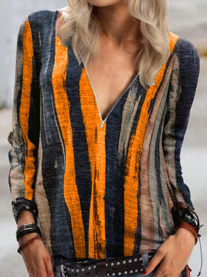 Damski dorywczo T-shirt z długim rękawem Tie Barwnik w paski