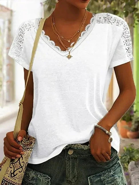 Damska casualowa koronkowa bluzka z dekoltem w szpic w jednolitym kolorze z krótkim rękawem