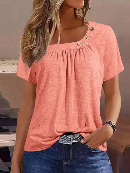 Damski nieformalny okrągły dekolt w jednolitym kolorze guzik z krótkim rękawem Top T-Shirt