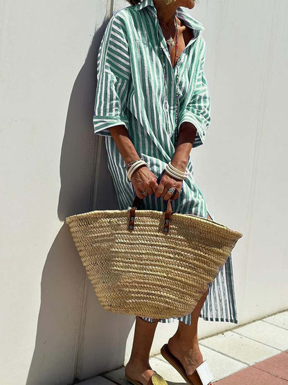 Damska koszula kołnierzyk w paski luźna wakacyjna spódnica maxi