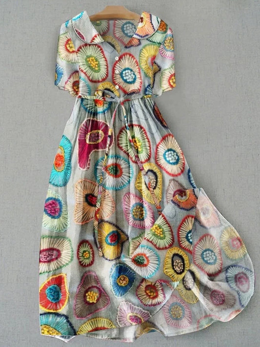 Retro boho kwiatowy nadruk vintage szykowny guzik z długim rękawem midi sukienka